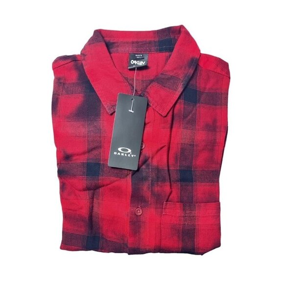 Oakley Logo Mens Red Black Cabin Plaid Flannel Collared Button Up Shirt Sz M New - Picture 3 of 11